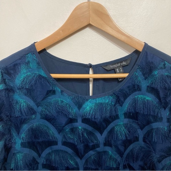 Long Tall Sally Peacock Shimmer Fringe Blouse Size 8 Teal Blue Art Deco Pattern - Picture 4 of 10